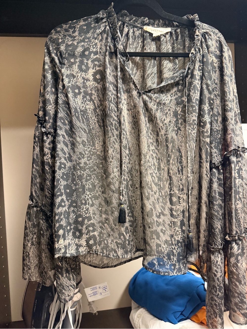 Sheer Animal Patterned Long-Sleeve Tie-Neck Blouse - Black/Grey/Beige